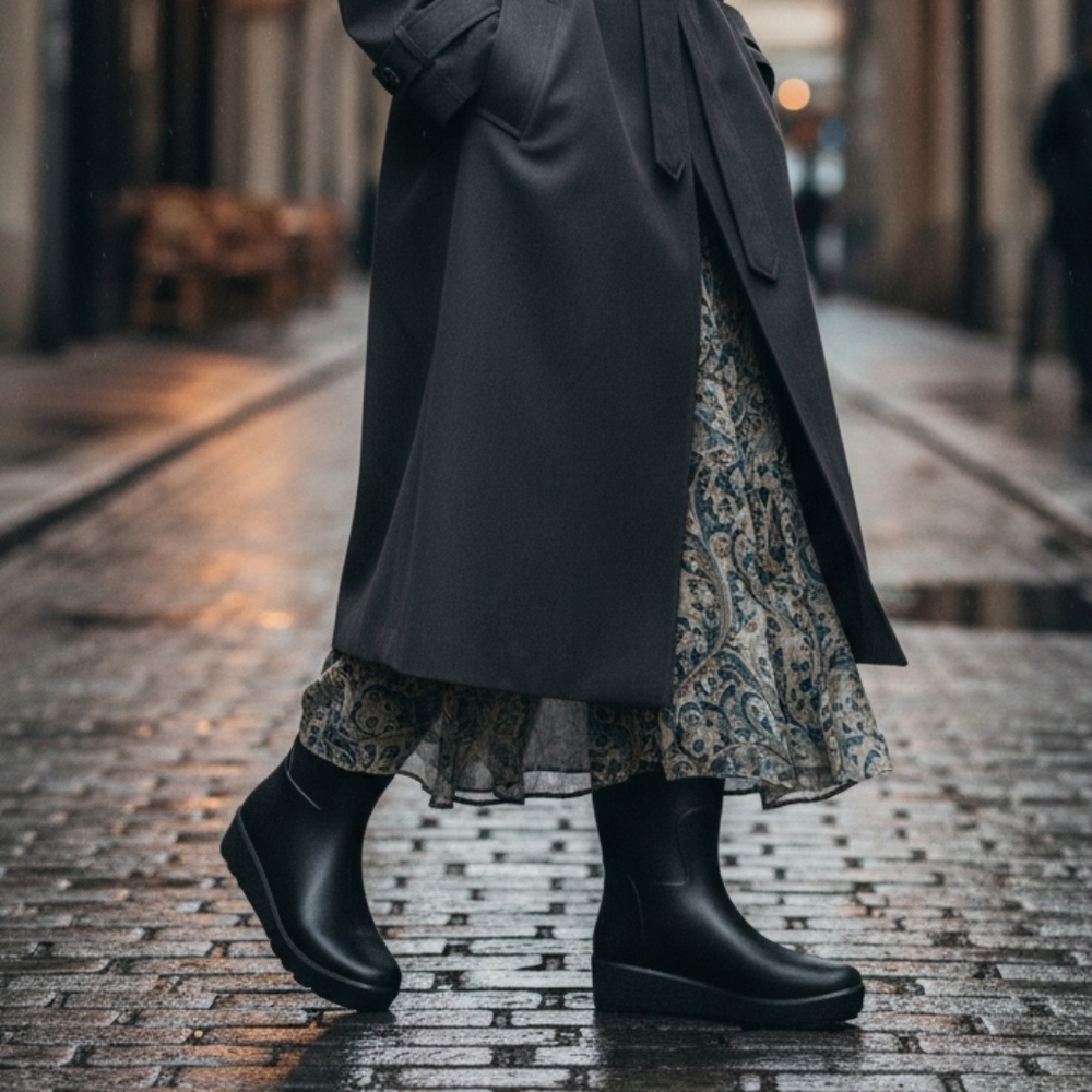 Justfab Black Wedge Rain Boots Size US 7.5 Confotable And Stylish